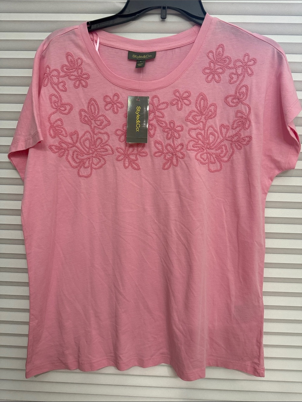 Style & Co. Pink Floral Appliqué Short Sleeve Tee